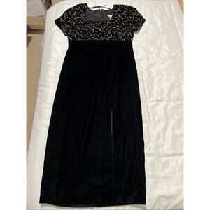 VTG Jessica Howard Velvet Maxi Dress Size 14 Black Gold Embroidered Front Slit